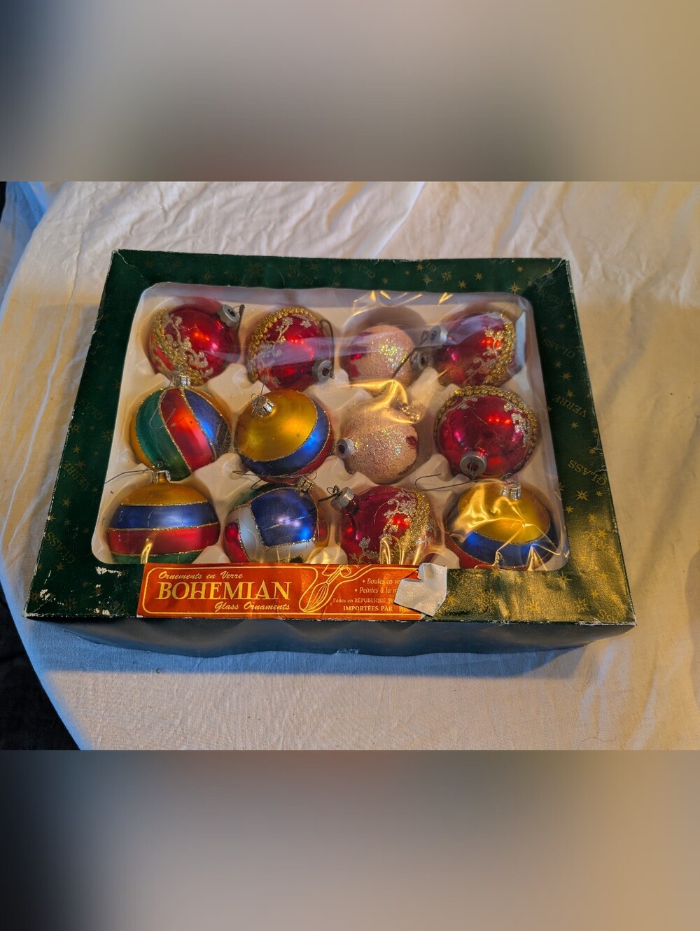 2/70$ Vintage Bohemian Glass Ornaments - Red, Gold, Blue, Green, Pink